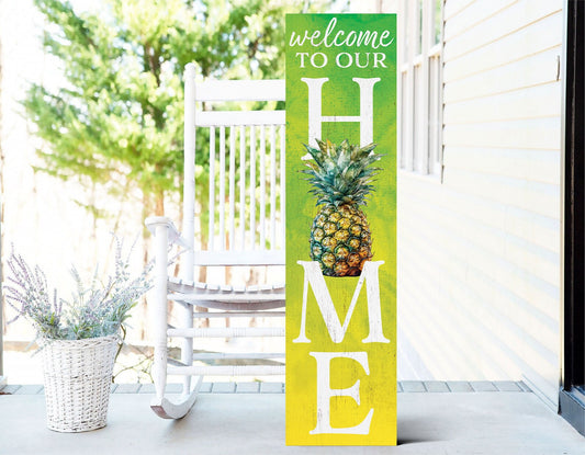 36in Pineapple Welcome to Our Home Wooden Summer Porch Sign, Tropical Front Door Wall Decor, Rustic Farmhouse Outdoor Entryway Display