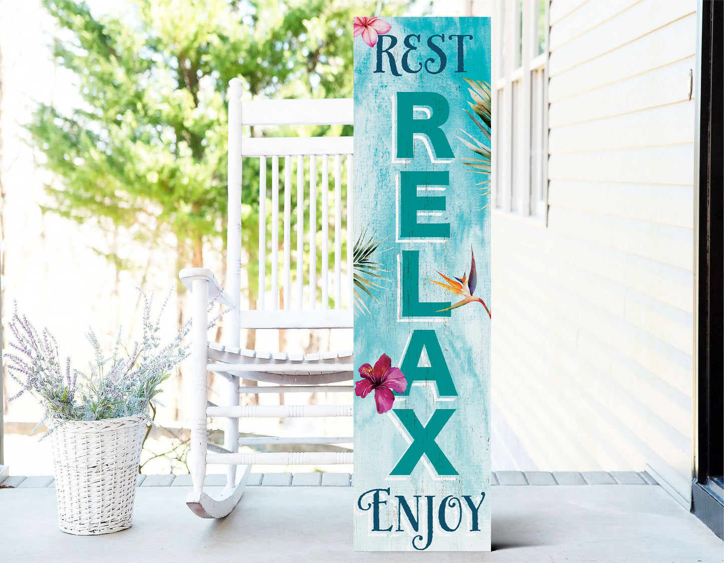 36in Wooden "Rest, Relax, Enjoy" Summer Welcome Porch Sign for Front Door, Rustic Home Decor, Outdoor Wall Art, Beach House Patio Display