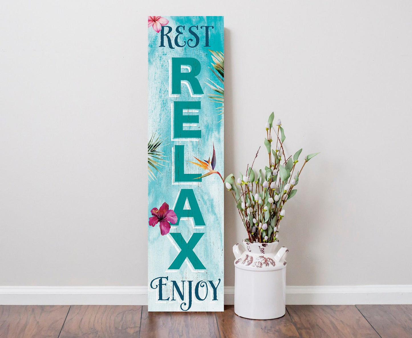 36in Wooden "Rest, Relax, Enjoy" Summer Welcome Porch Sign for Front Door, Rustic Home Decor, Outdoor Wall Art, Beach House Patio Display
