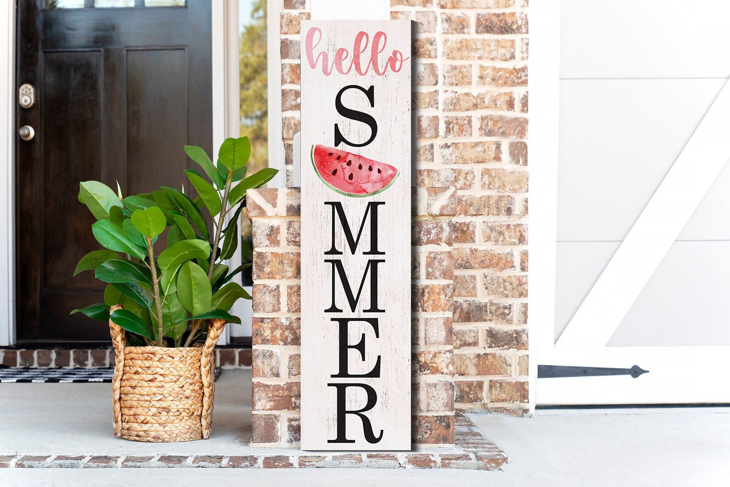 36in Hello Summer Wooden Porch Sign with Watermelon Pattern, Perfect for Front Porch Home Decor, Seasonal Welcome Sign