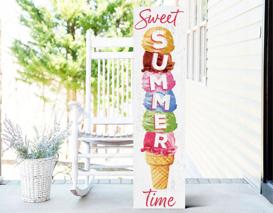 36in Sweet Summer Time Ice Cream Porch Sign - Wooden Front Door Wall Decor for Home - Fun & Colorful Seasonal Design