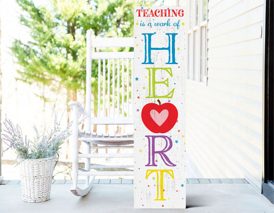 Teaching is a Work of Heart Porch Sign - 36" x 9.25" Apple Pattern Wooden Front Door Wall Decor - Handcrafted Home Decoration for Teachers