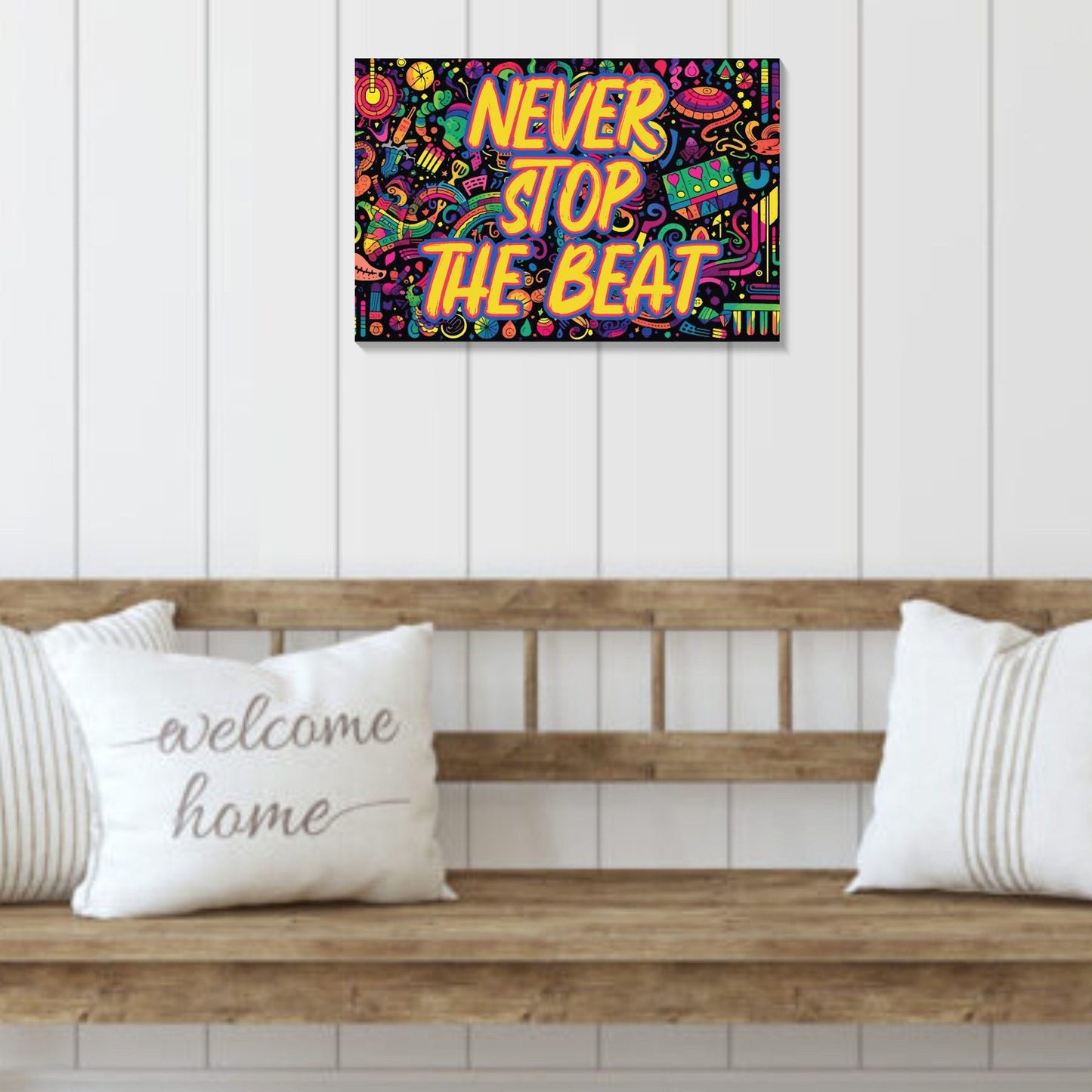 Wooden "Never Stop The Beat" Decor Sign For Indoor Display - 7.5In X 5In - Fun And Funky Patterned Design Fun Door Sign