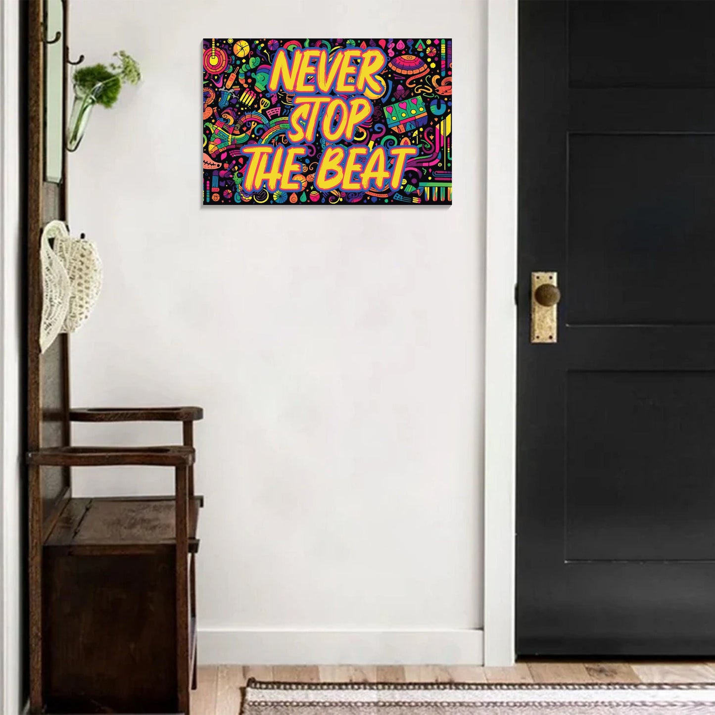 Wooden "Never Stop The Beat" Decor Sign For Indoor Display - 7.5In X 5In - Fun And Funky Patterned Design Fun Door Sign