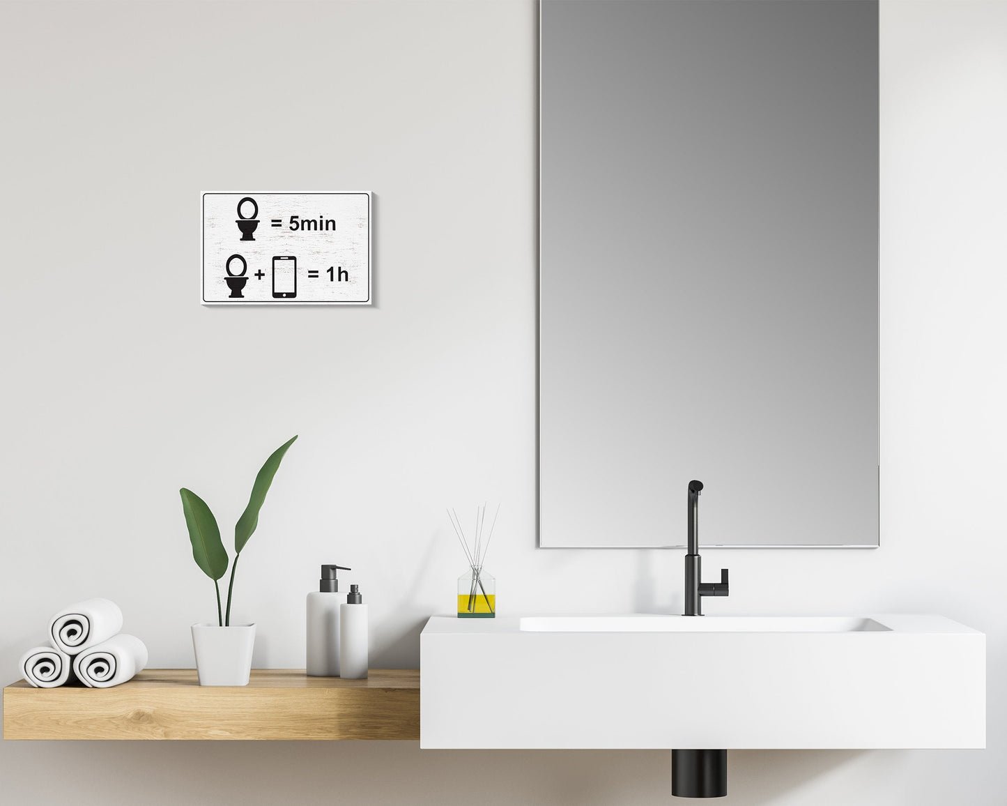 Add Laughter to Your Bathroom: 7.5in x 5in Wooden Wall Decor Sign - "Toilet = 5 min, Toilet + Phone = 1 Hour" - Humorous & Fun