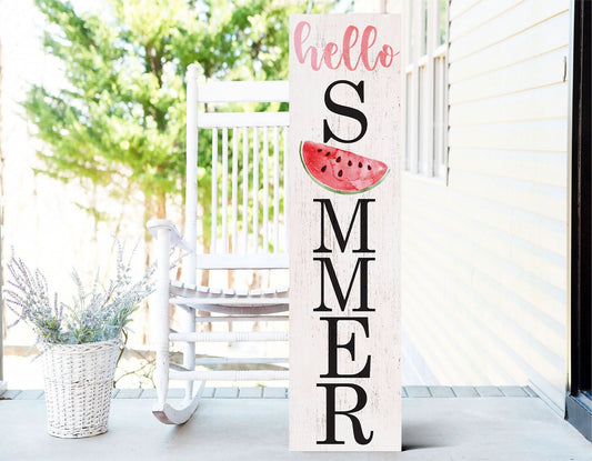 36in Hello Summer Wooden Porch Sign with Watermelon Pattern, Perfect for Front Porch Home Decor, Seasonal Welcome Sign