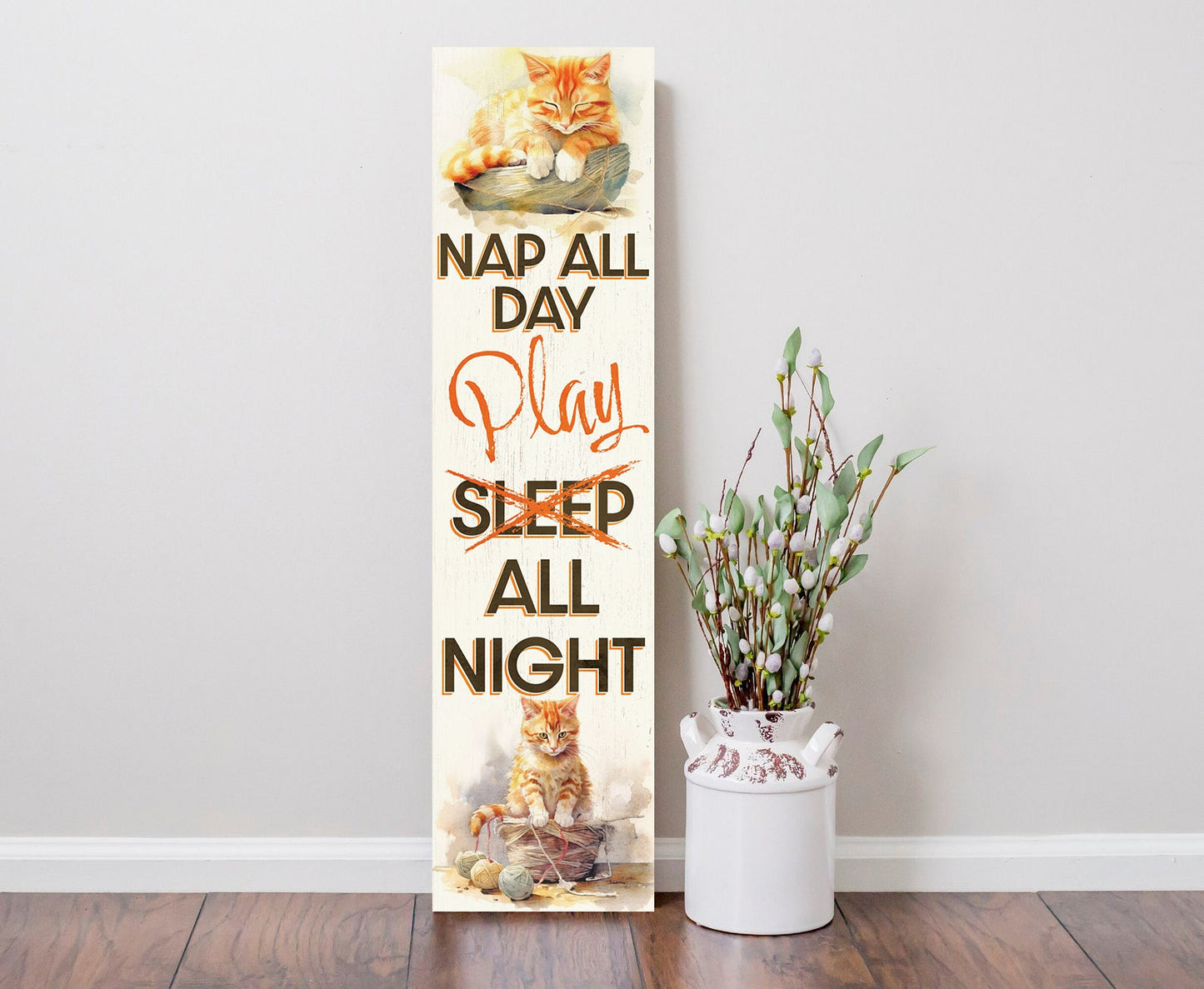 36In Wooden "Nap All Day Play All Night" Wall Sign For Front Door And Outdoor Display With Cat Watercolor Pattern Fun Door Sign