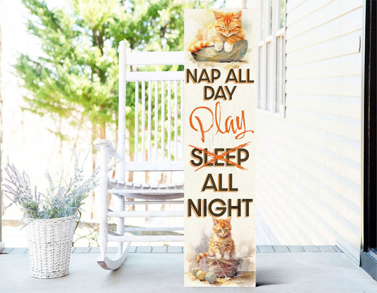 36In Wooden "Nap All Day Play All Night" Wall Sign For Front Door And Outdoor Display With Cat Watercolor Pattern Fun Door Sign