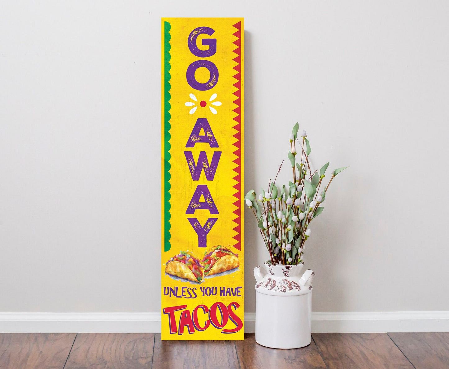 36in Humorous Wooden Sign "Go Away Unless You Have Tacos", Funny Wall Decor for Home, Office, or Kitchen