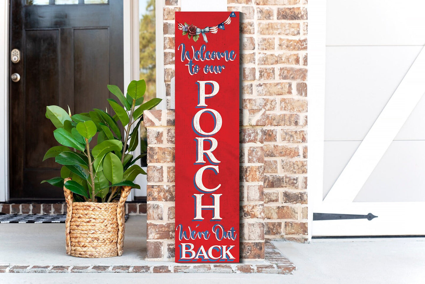 36in Celebrate the 4th of July with Our 'Welcome to Our Porch, We're Out Back' Wooden Sign - 36in | Perfect for Outdoor Parties