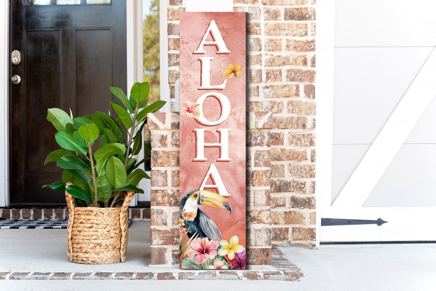 36in Aloha Porch Sign with Ramphastidae Pattern for Front Door, Tropical Summer Wall Decor, Outdoor Summer Jungle Vibes Display