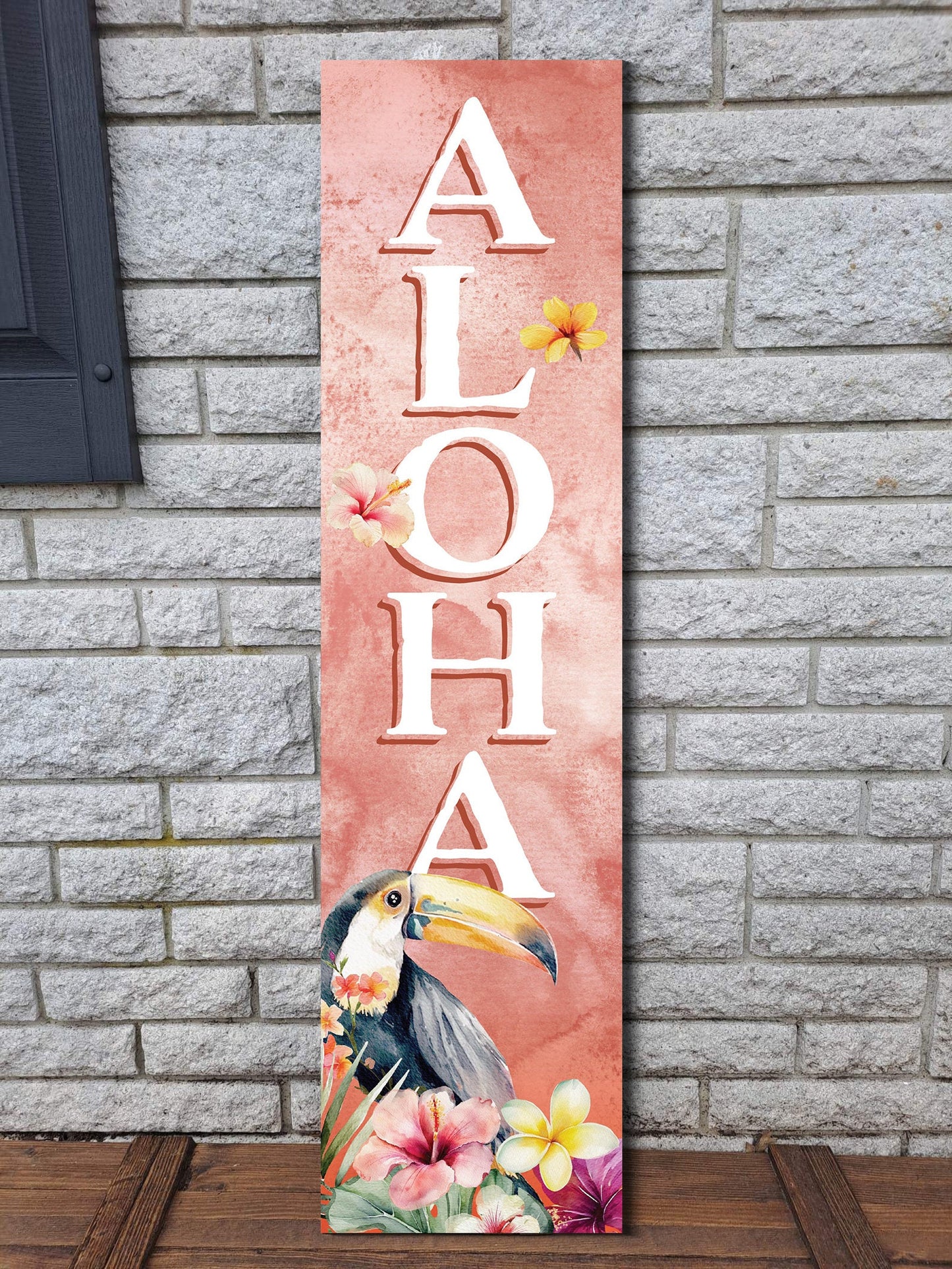36in Aloha Porch Sign with Ramphastidae Pattern for Front Door, Tropical Summer Wall Decor, Outdoor Summer Jungle Vibes Display