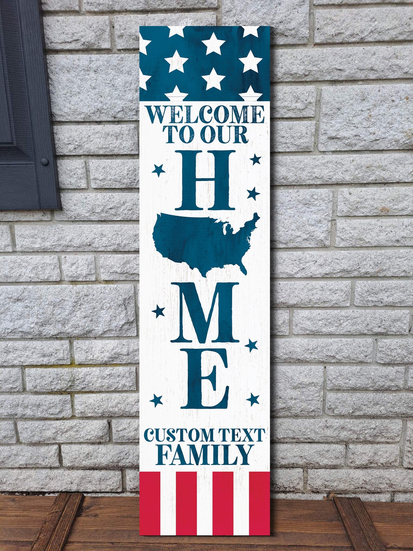36in Wooden 4th of July "Welcome to Our Home" Custom Text Porch Sign - Personalized Patriotic Front Door Decor for Independence Day