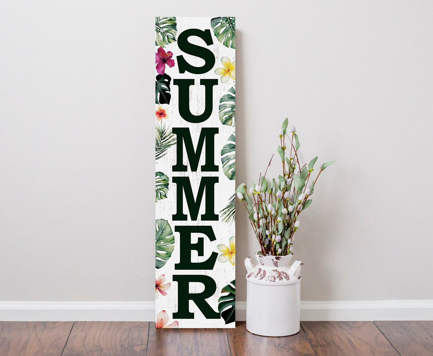 36in Tropical Summer Porch Sign with Palm Leaf Pattern for Front Door, Wooden 36-inch Beach-Themed Entryway Decor