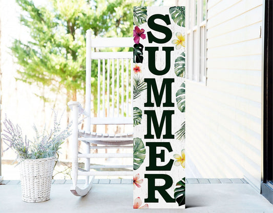 36in Tropical Summer Porch Sign with Palm Leaf Pattern for Front Door, Wooden 36-inch Beach-Themed Entryway Decor