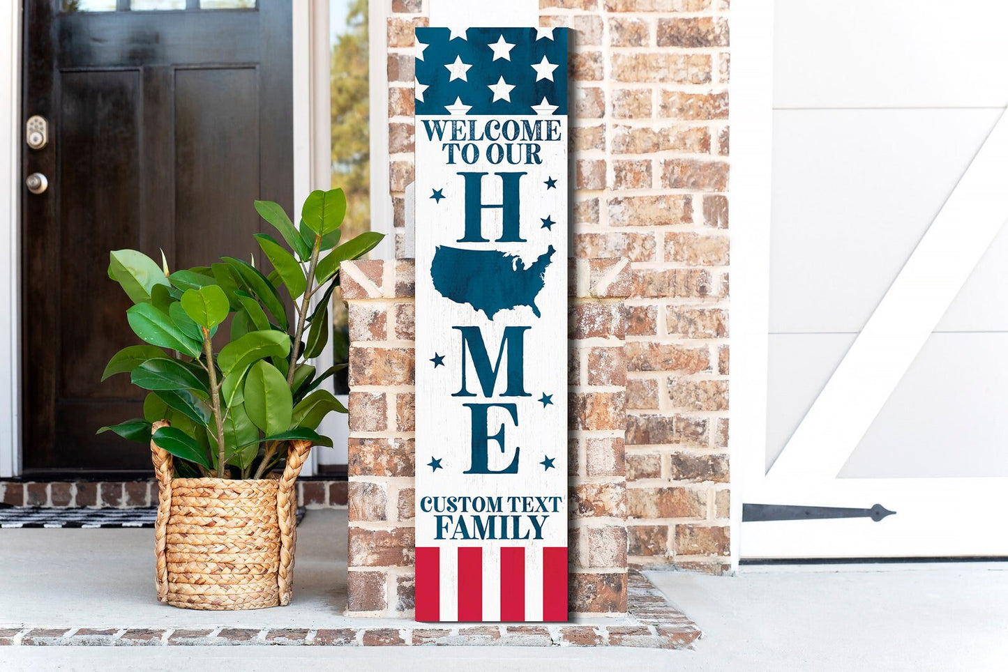 36in Wooden 4th of July "Welcome to Our Home" Custom Text Porch Sign - Personalized Patriotic Front Door Decor for Independence Day