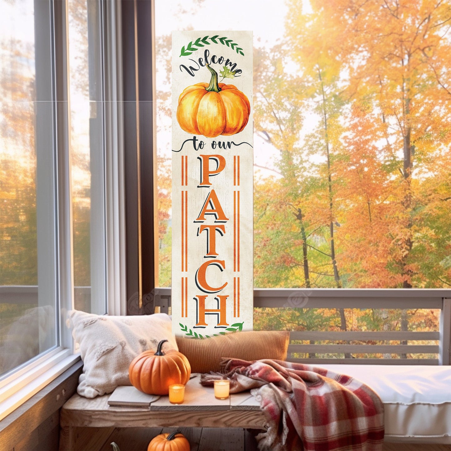 36in "Welcome to Our Patch" Fall Porch Sign - Rustic Wooden Decor for Front Door Display during Autumn Celebrations