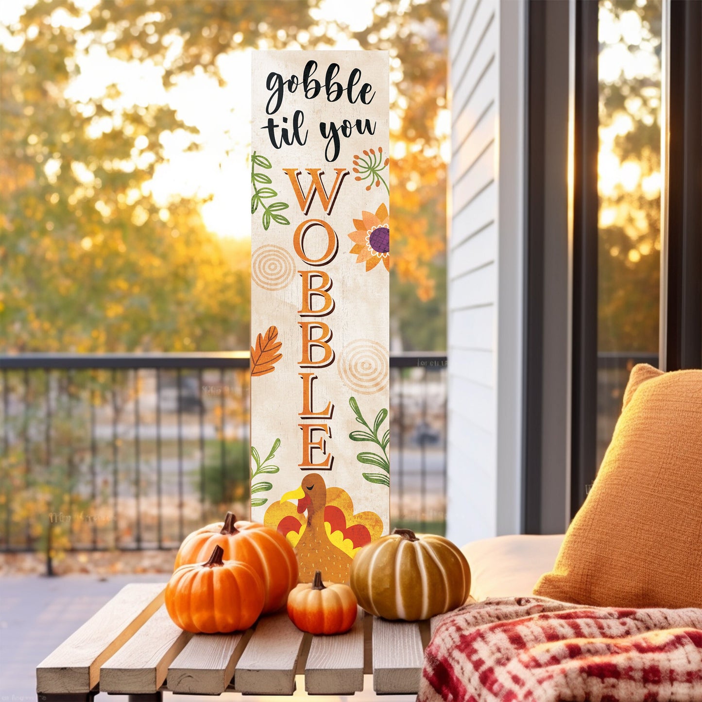 36in "Gobble Til You Wobble" Fall Porch Sign - Rustic Harvest Decor for Front Door Display during Thanksgiving Celebrations