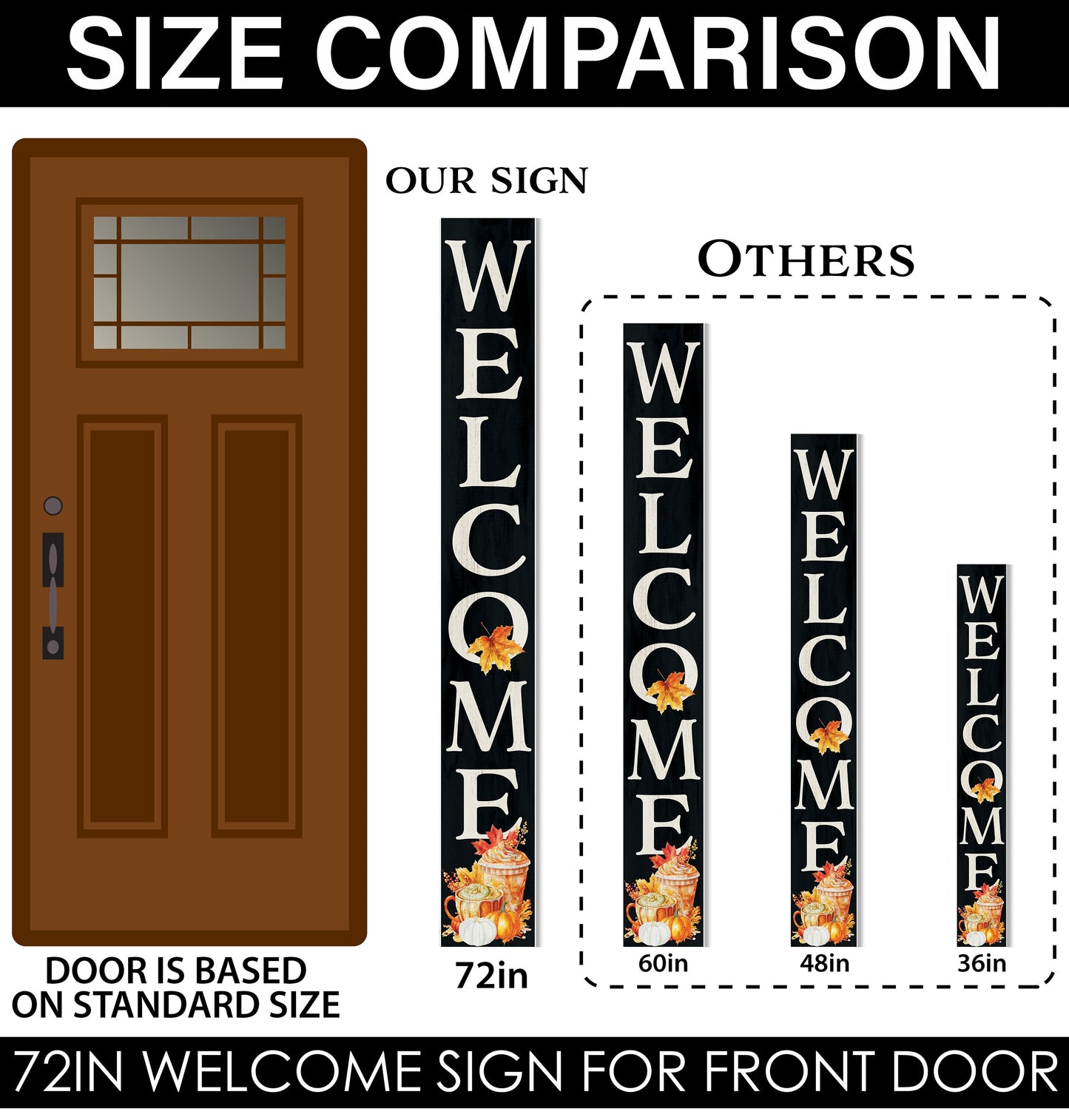 72in "Welcome" Fall Porch Sign with Fall Drink Design - Tall Porch Board Decor for Front Door during Autumn and Thanksgiving Celebrations