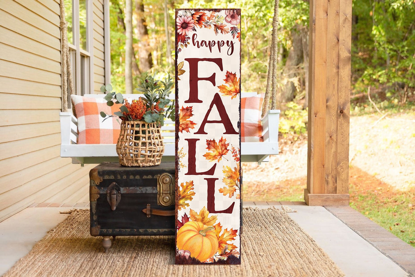 36in Happy Fall Porch Sign - Front Porch Fall Welcome Sign with  Autumn Decoration, Rustic Modern Farmhouse Entryway Porch Decor