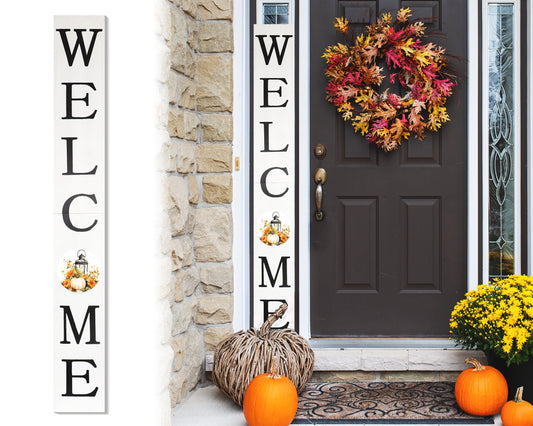 72in "Welcome" Fall Porch Sign with Lantern Design - White Porch Board Decor for Front Door during Autumn and Thanksgiving Celebrations
