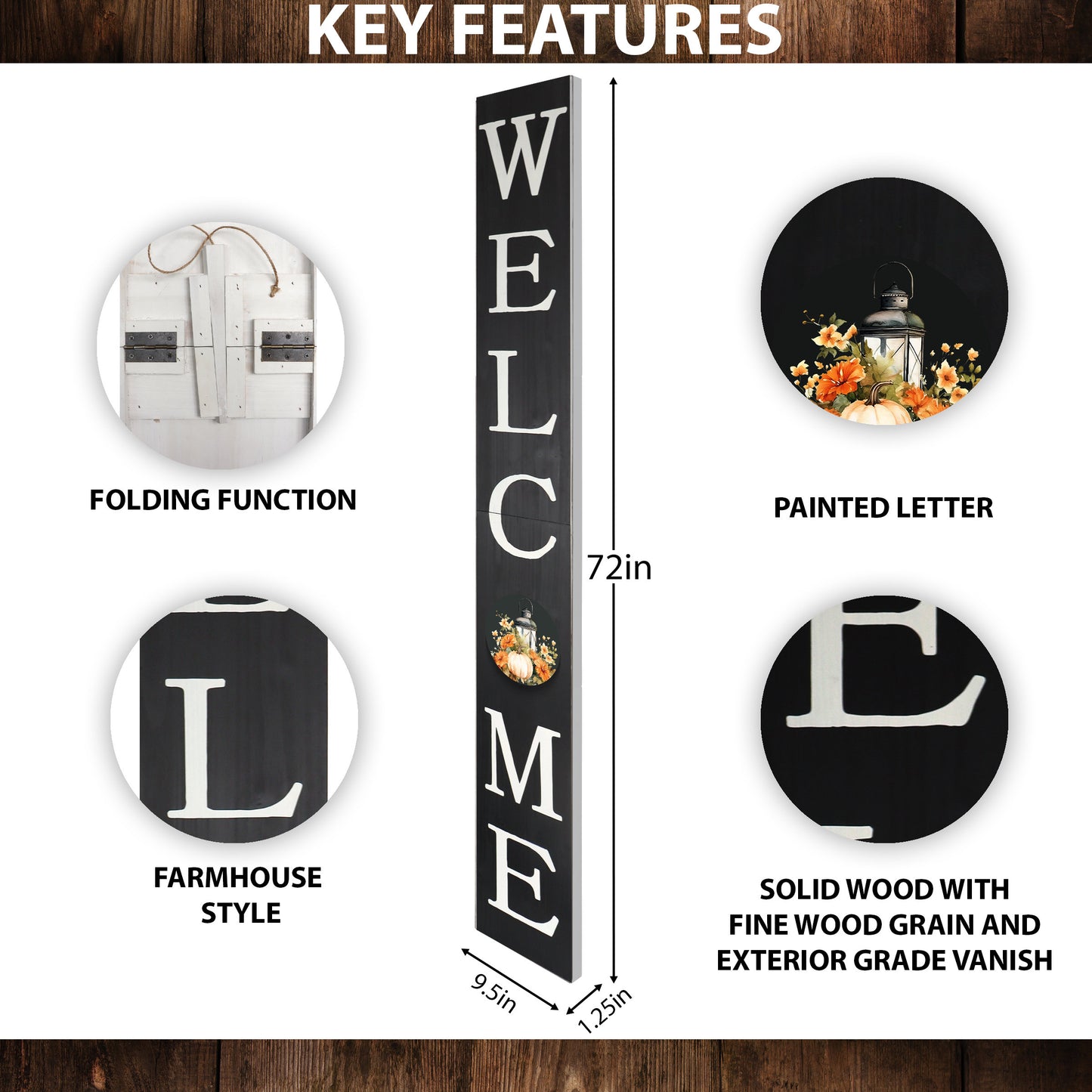 72in "Welcome" Fall Porch Sign with Lantern Design - Black Porch Board Decor for Front Door during Autumn and Thanksgiving Celebrations