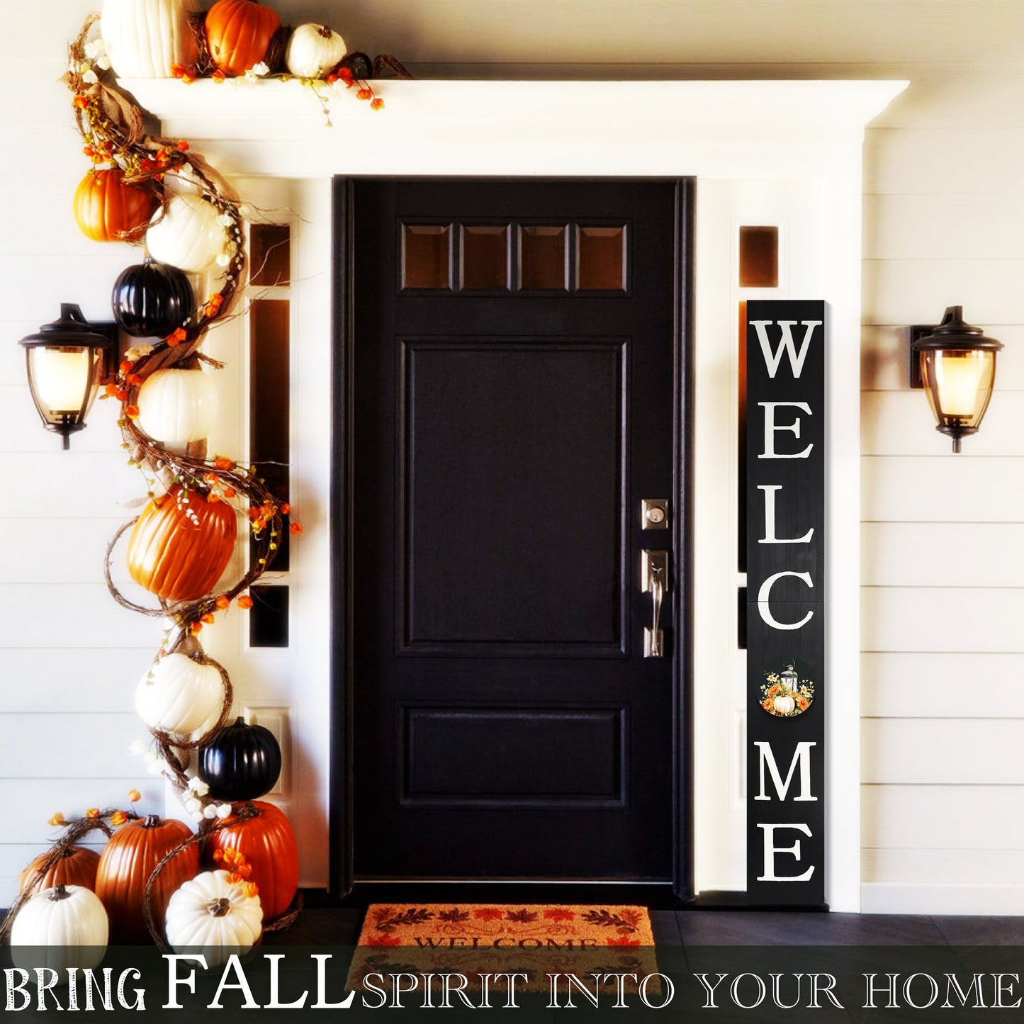 72in "Welcome" Fall Porch Sign with Lantern Design - Black Porch Board Decor for Front Door during Autumn and Thanksgiving Celebrations