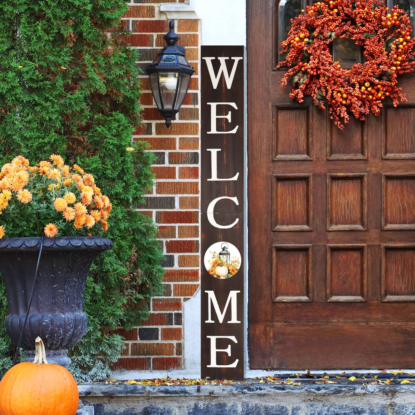 72in "Welcome" Fall Porch Sign with Lantern Design - Brown Porch Board Decor for Front Door during Autumn and Thanksgiving Celebrations