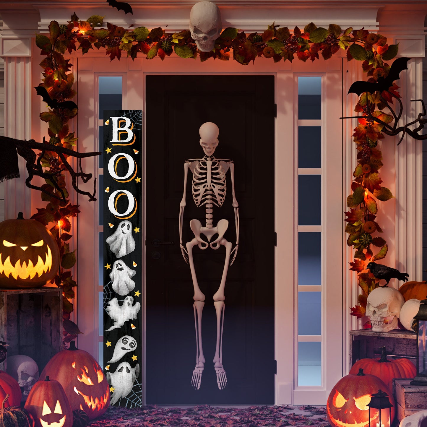 72in Wooden "BOO" Halloween Porch Sign with Ghost Pattern - Spooky Front Door Decor for Haunting Halloween Celebrations