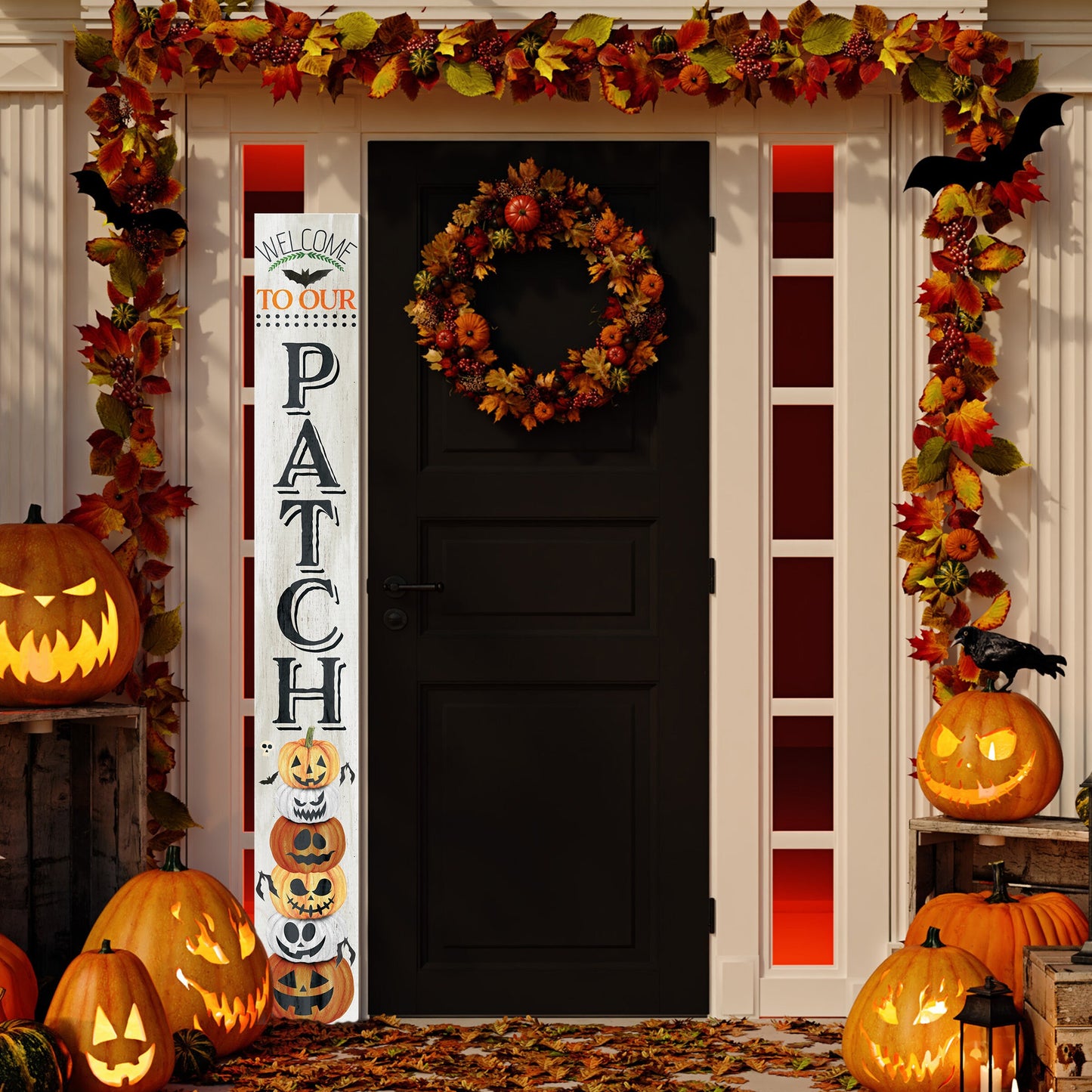 72in Wooden "Welcome to Our Patch" Halloween Porch Sign - Spooky and Charming Front Door Decor for Halloween Celebrations