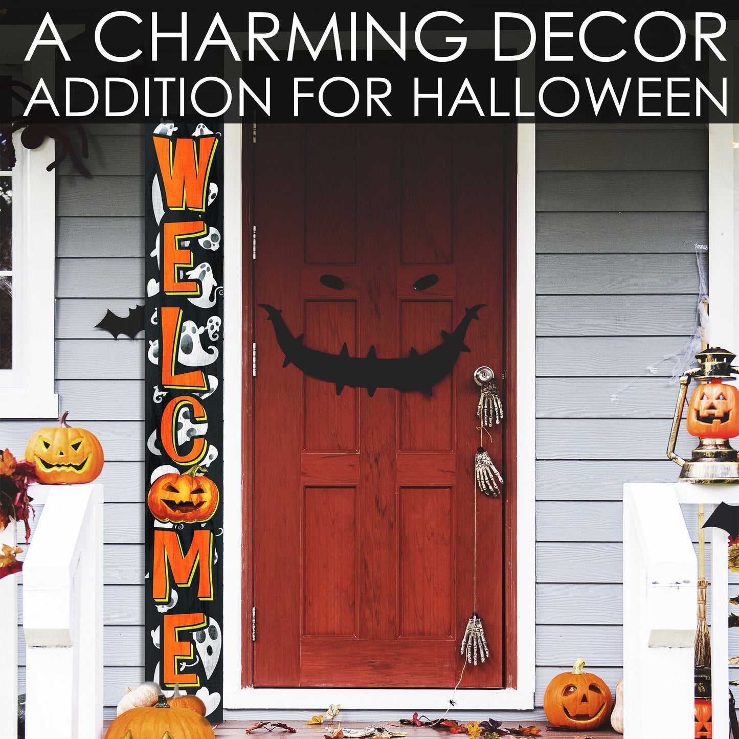 72-Inch Wooden Halloween Welcome Sign with Ghost Pattern and Jack O'Lantern - Spooky Front Door Decoration for Porch, Entryway