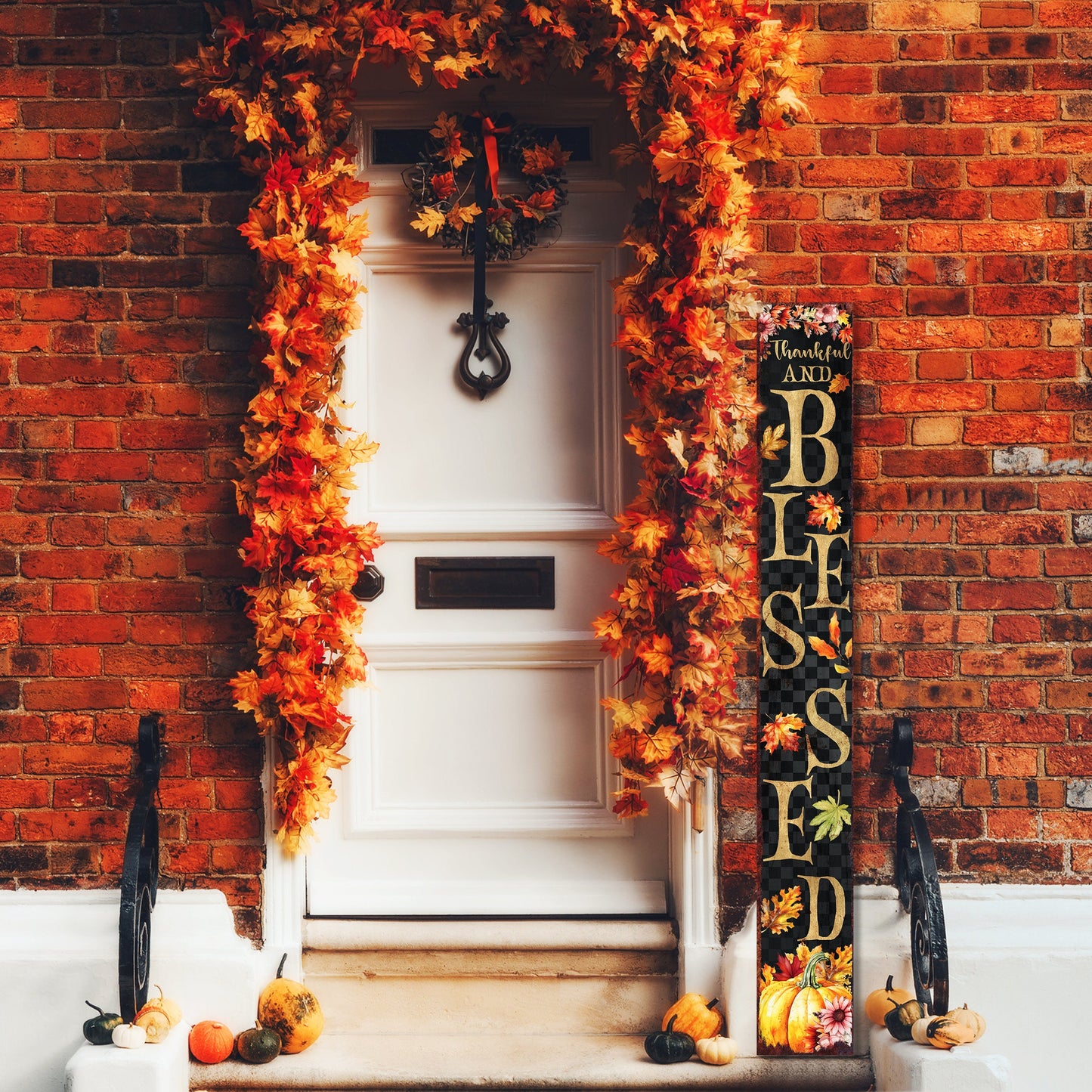 72in "Thankful and Blessed" Fall Welcome Porch Sign - Front Door Decor for Seasonal Celebrations, Vintage Fall Decoration