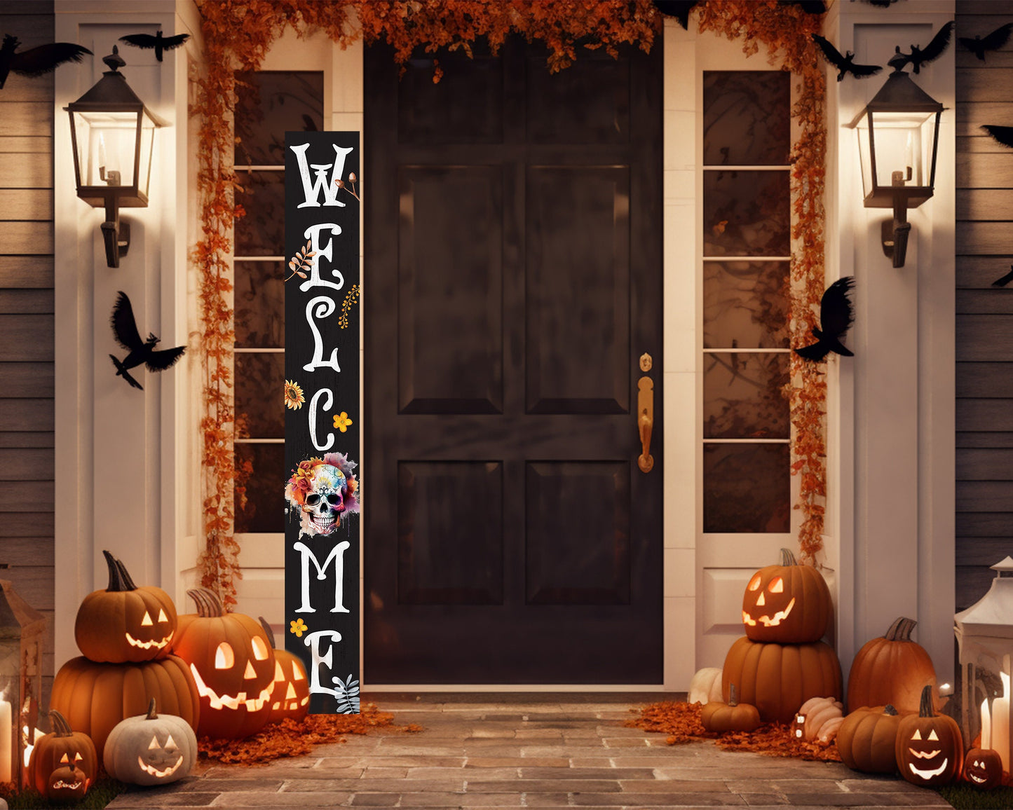 72in Sugar Skull Welcome Porch Sign - Festive Halloween Front Door Decor