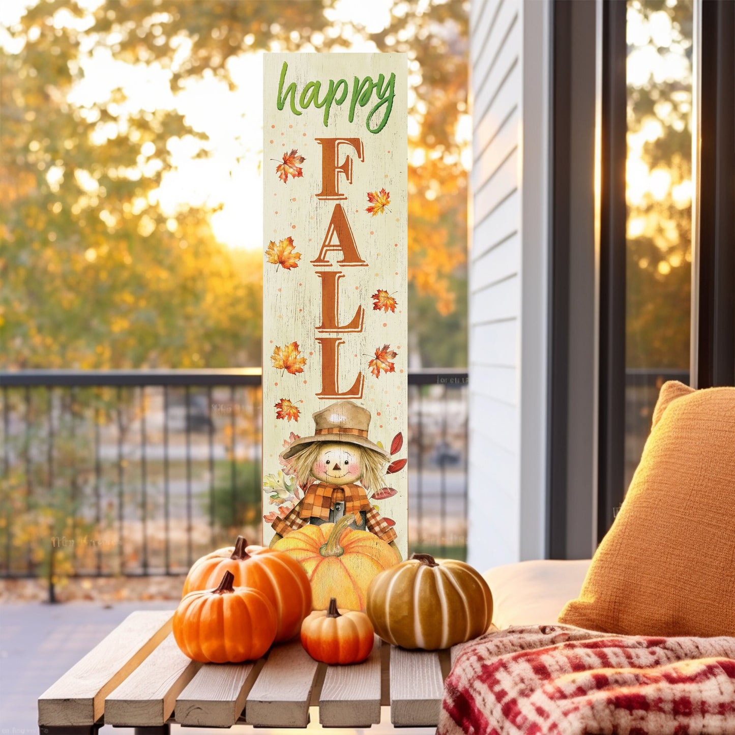 Welcome Autumn: 36in 'Happy Fall' Wooden Porch Sign with Unique Scarecrow Design - Perfect Seasonal Decor for Your Front Door or Porch!