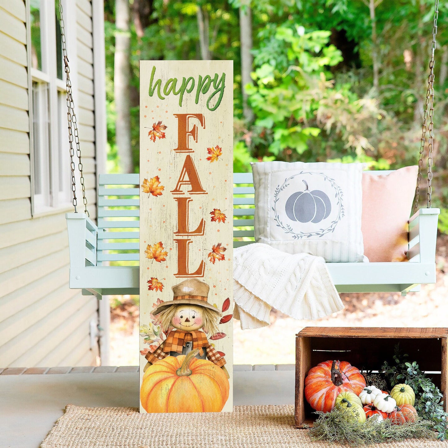 Welcome Autumn: 36in 'Happy Fall' Wooden Porch Sign with Unique Scarecrow Design - Perfect Seasonal Decor for Your Front Door or Porch!