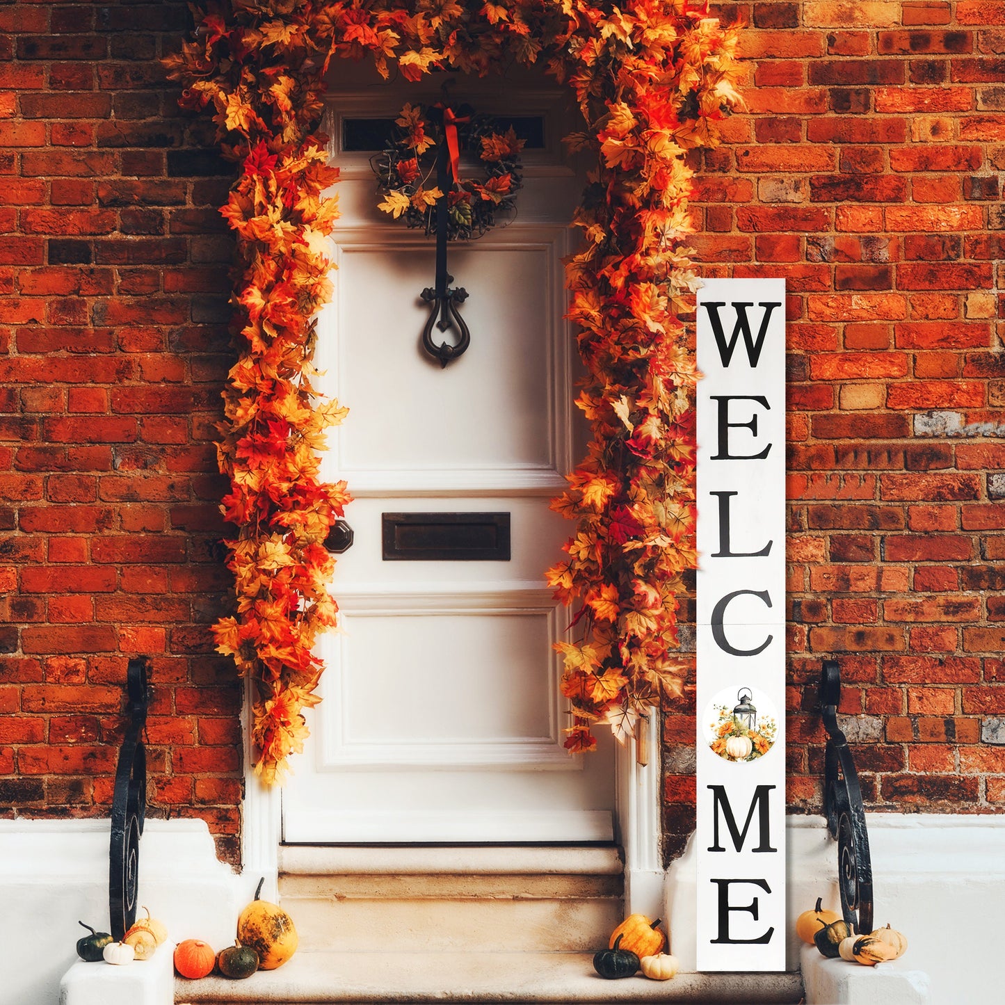 72in "Welcome" Fall Porch Sign with Lantern Design - White Porch Board Decor for Front Door during Autumn and Thanksgiving Celebrations