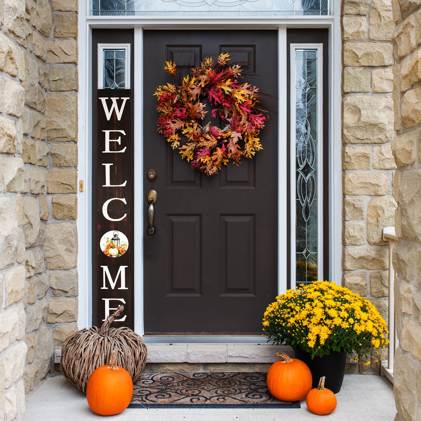 72in "Welcome" Fall Porch Sign with Lantern Design - Brown Porch Board Decor for Front Door during Autumn and Thanksgiving Celebrations