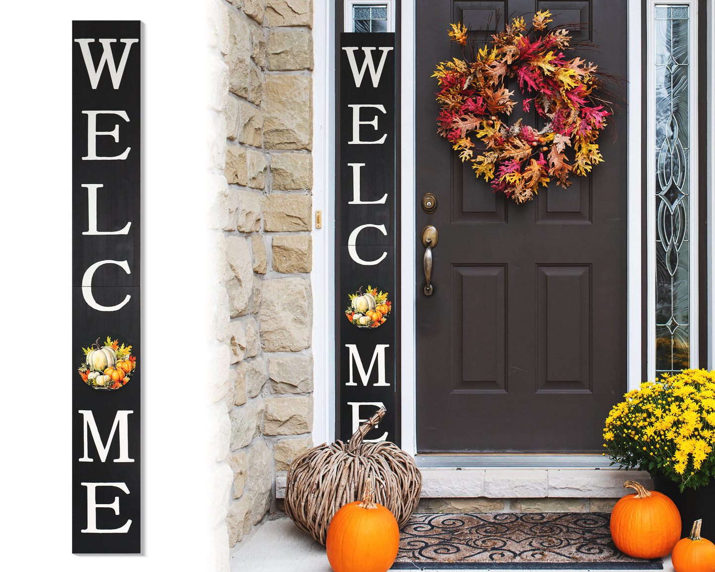 72in "Welcome" Fall Porch Sign with Pumpkins Design - Black Porch Board Decor for Front Door during Autumn and Thanksgiving Celebrations