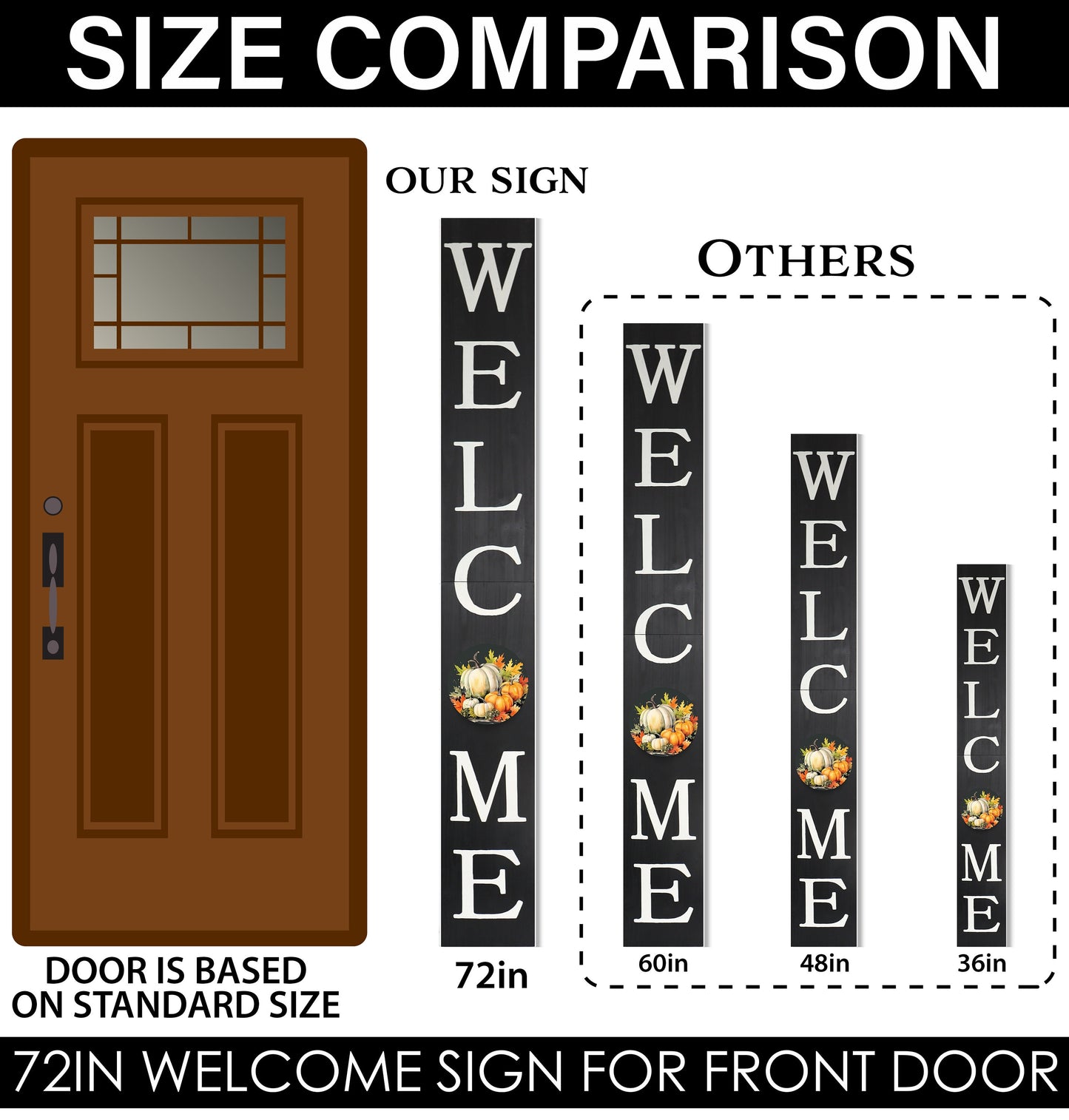 72in "Welcome" Fall Porch Sign with Pumpkins Design - Black Porch Board Decor for Front Door during Autumn and Thanksgiving Celebrations