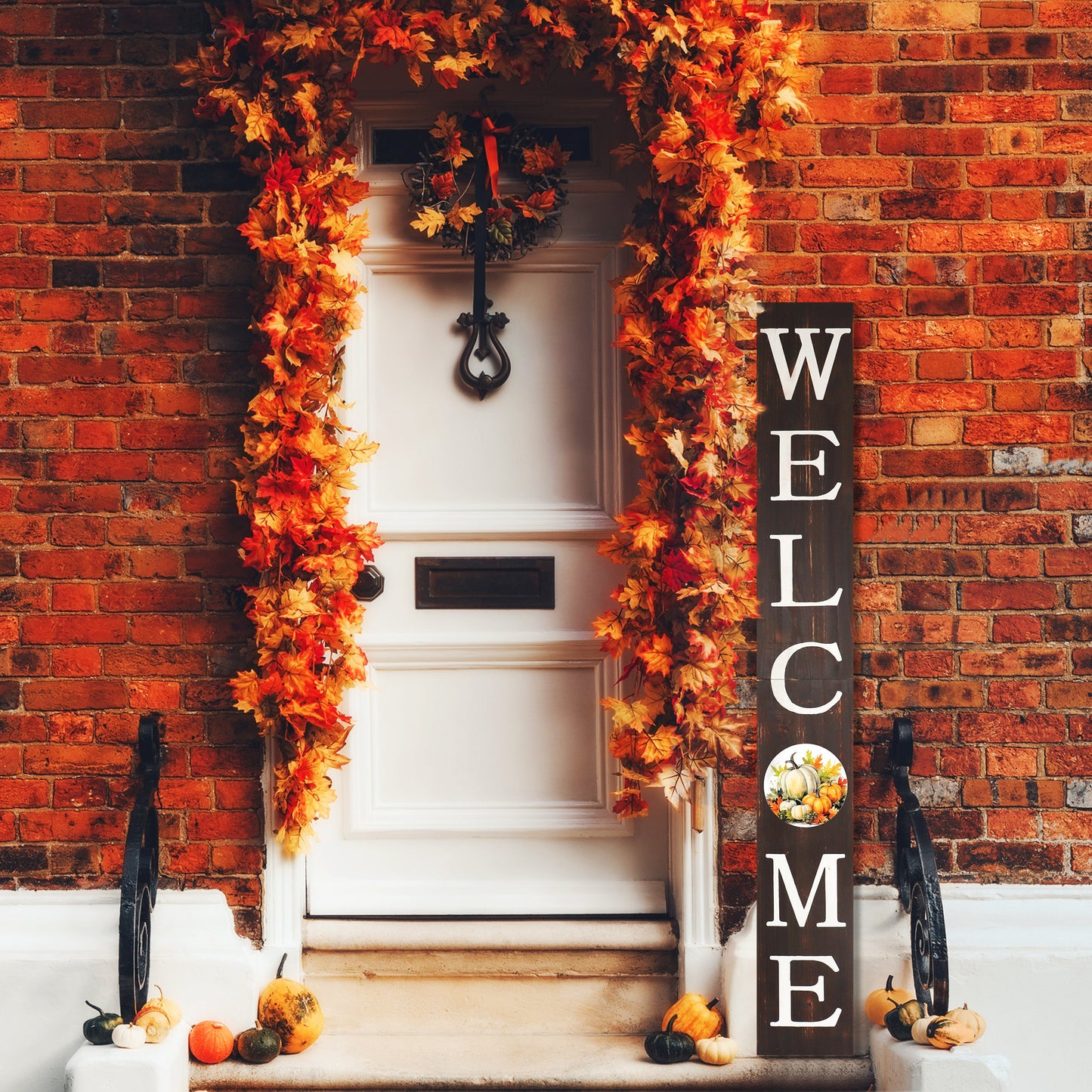 72in "Welcome" Fall Porch Sign with Pumpkins Design - Brown Porch Board Decor for Front Door during Autumn and Thanksgiving Celebrations