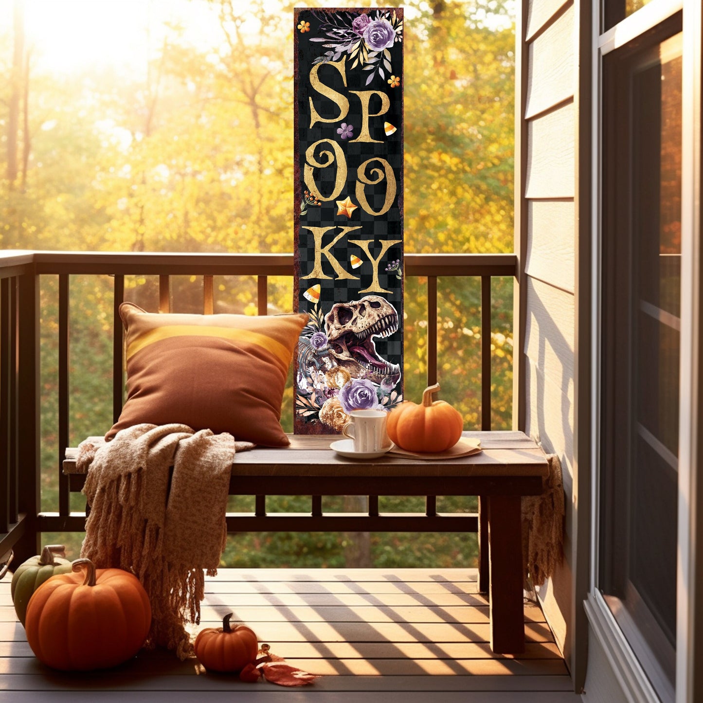 36in "Spooky" Halloween Porch Sign with Dinosaur Design - Front Porch Halloween Welcome Sign, Vintage Halloween Decoration,Modern Farmhouse