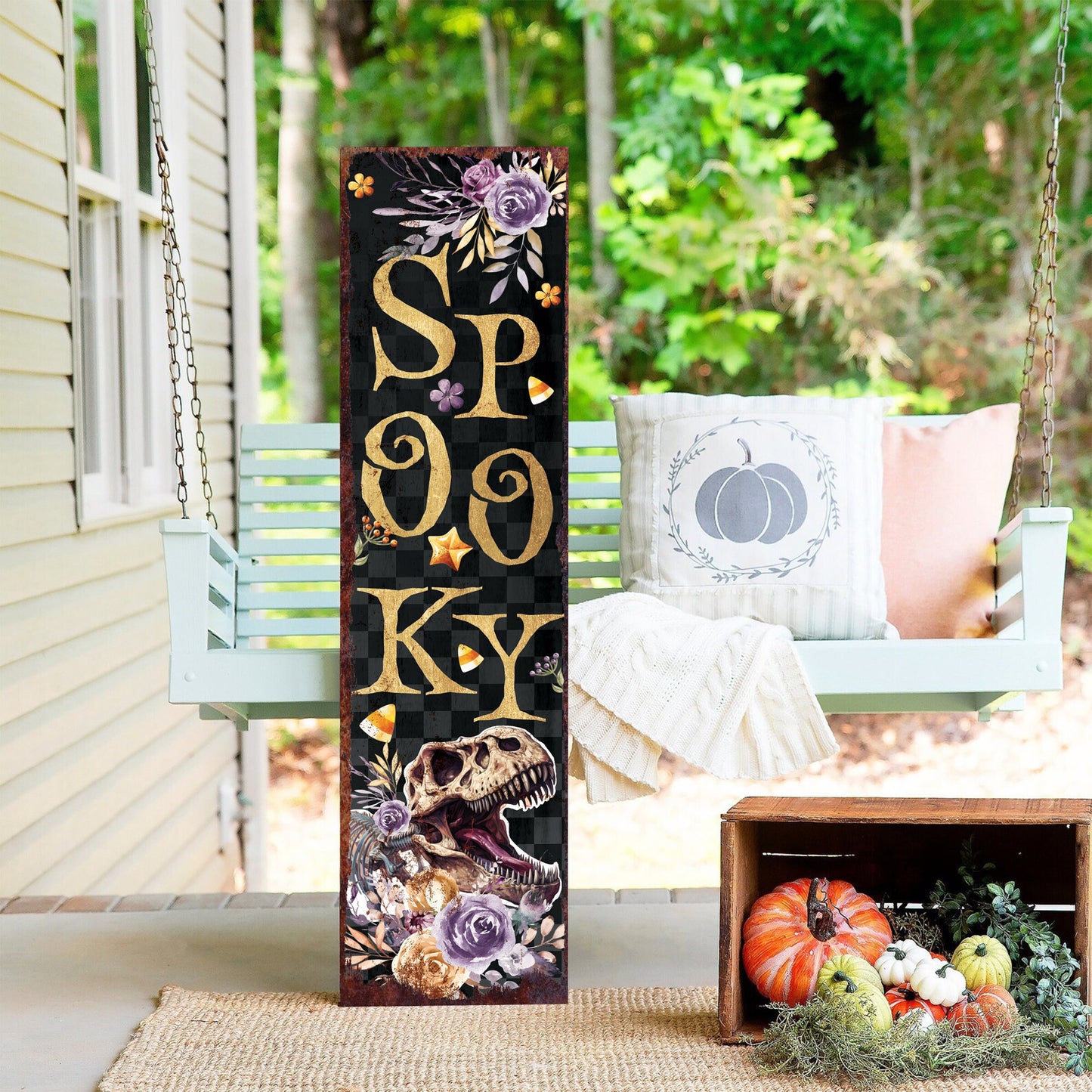 36in "Spooky" Halloween Porch Sign with Dinosaur Design - Front Porch Halloween Welcome Sign, Vintage Halloween Decoration,Modern Farmhouse