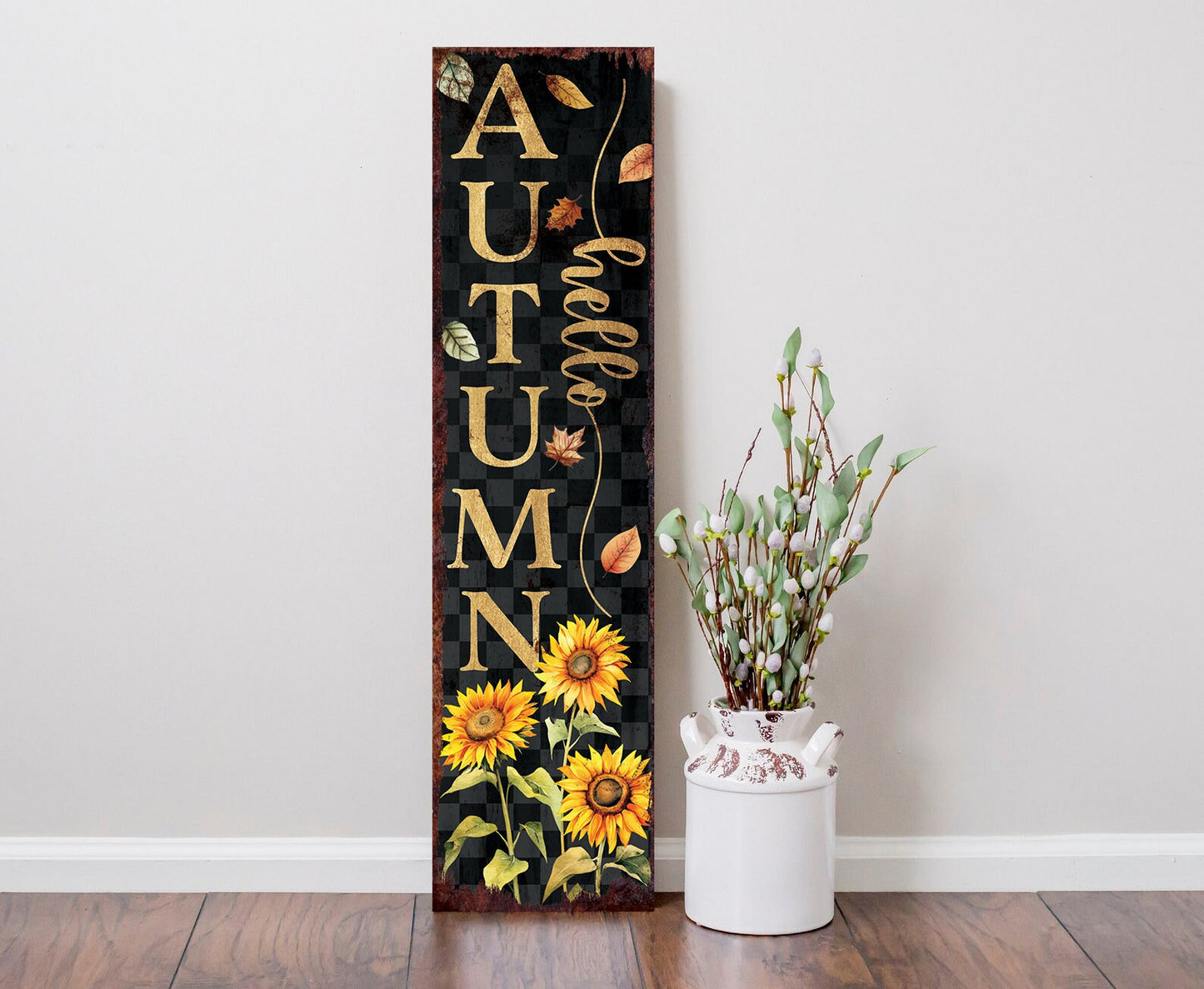 36in Hello Autumn Porch Sign - Front Porch Fall Welcome Sign with Vintage Autumn Decoration, Rustic Modern Farmhouse Decor