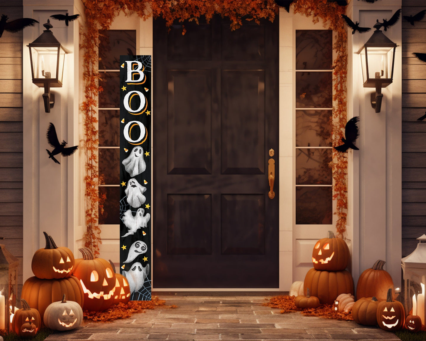 72in Wooden "BOO" Halloween Porch Sign with Ghost Pattern - Spooky Front Door Decor for Haunting Halloween Celebrations