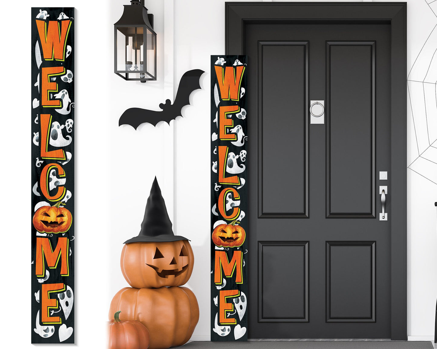 72-Inch Wooden Halloween Welcome Sign with Ghost Pattern and Jack O'Lantern - Spooky Front Door Decoration for Porch, Entryway