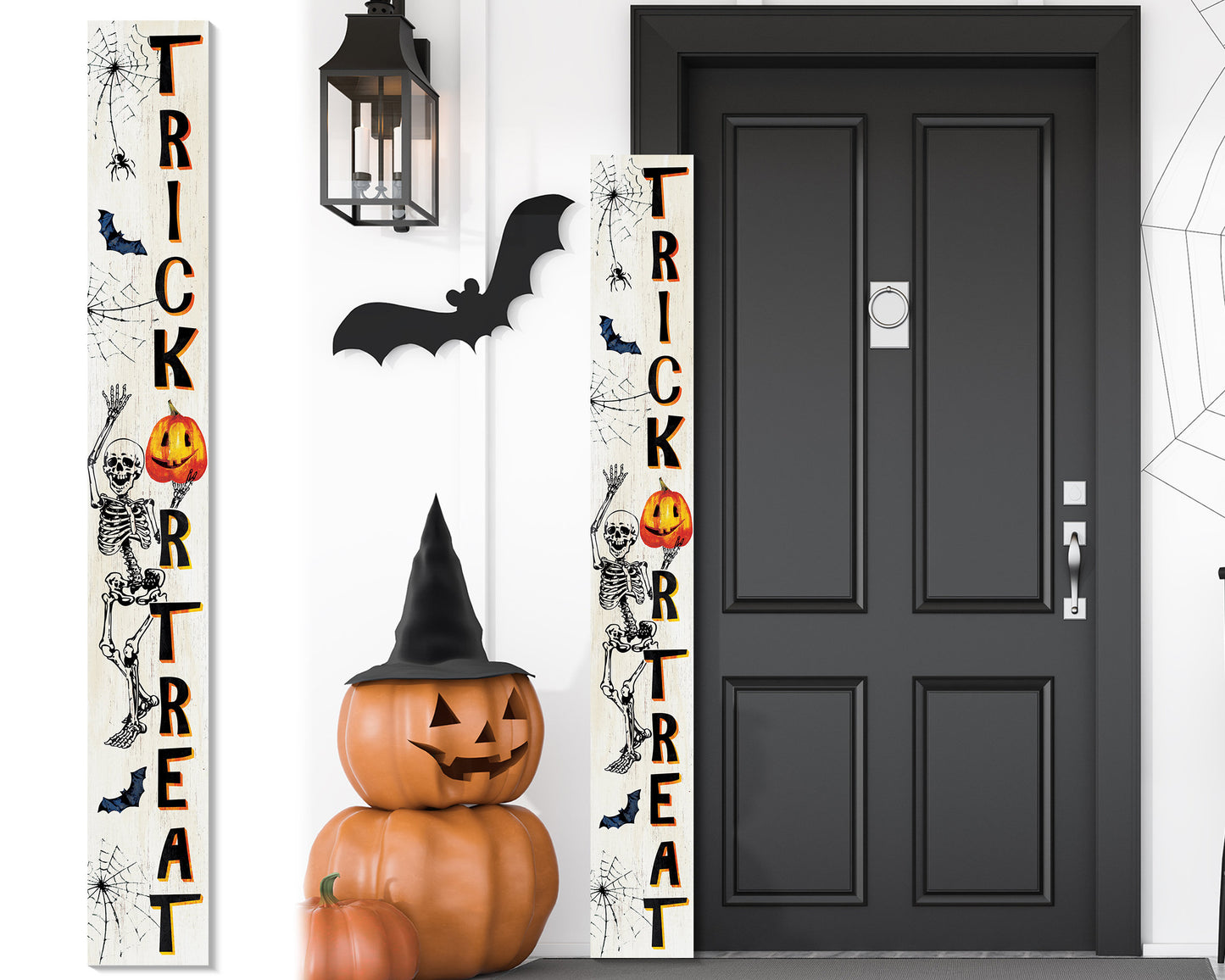 72-Inch Wooden "Trick or Treat" Skeleton Welcome Sign - Spooky Front Door Decoration  Rustic Halloween Accessory for Porch, Entryway