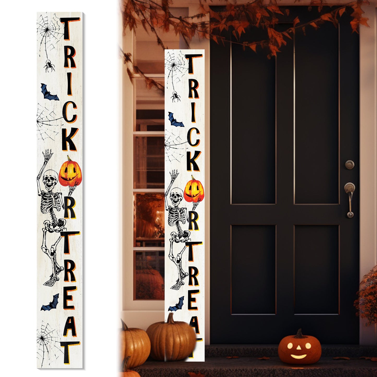 72-Inch Wooden "Trick or Treat" Skeleton Welcome Sign - Spooky Front Door Decoration  Rustic Halloween Accessory for Porch, Entryway