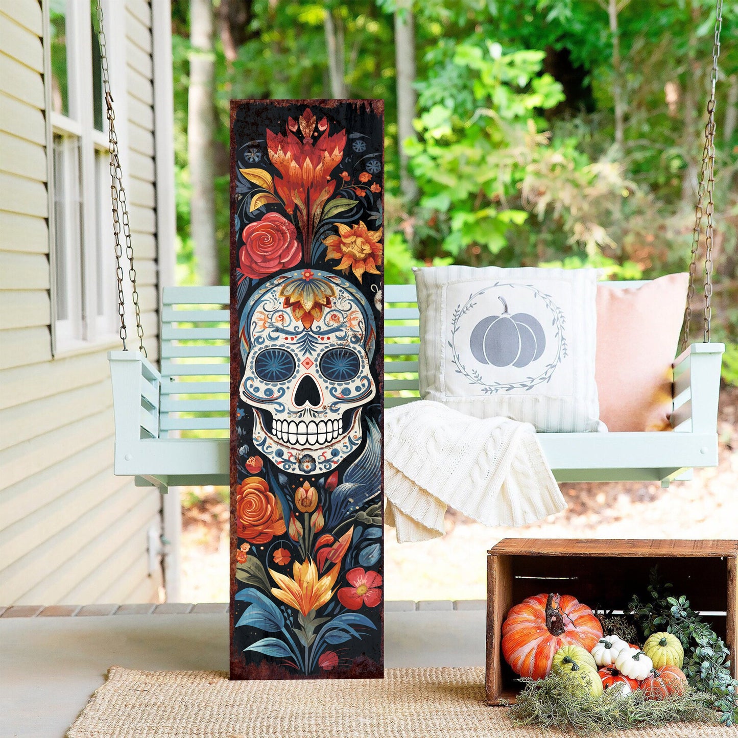 36in Dia De Los Muertos Sugar Skull Porch Sign - Day of the Dead Decor Ideal for Entryway, Mantle, Living Room, Kitchen, Porch Decor