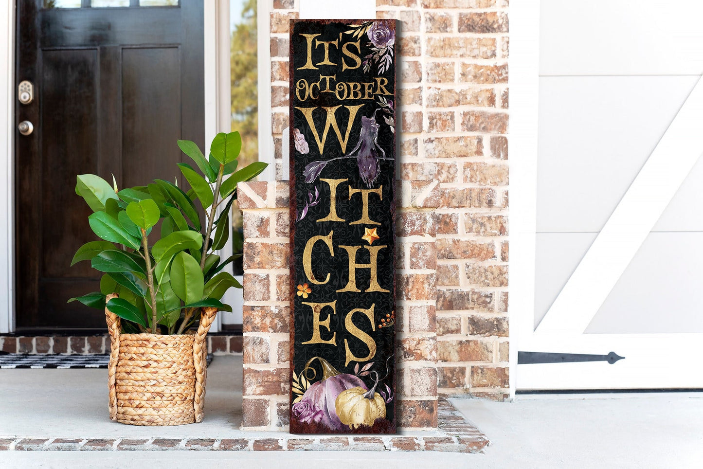 36in "It's October Witches" Halloween Porch Sign - Front Porch Halloween Welcome Sign, Rustic Modern Farmhouse Entryway Decor