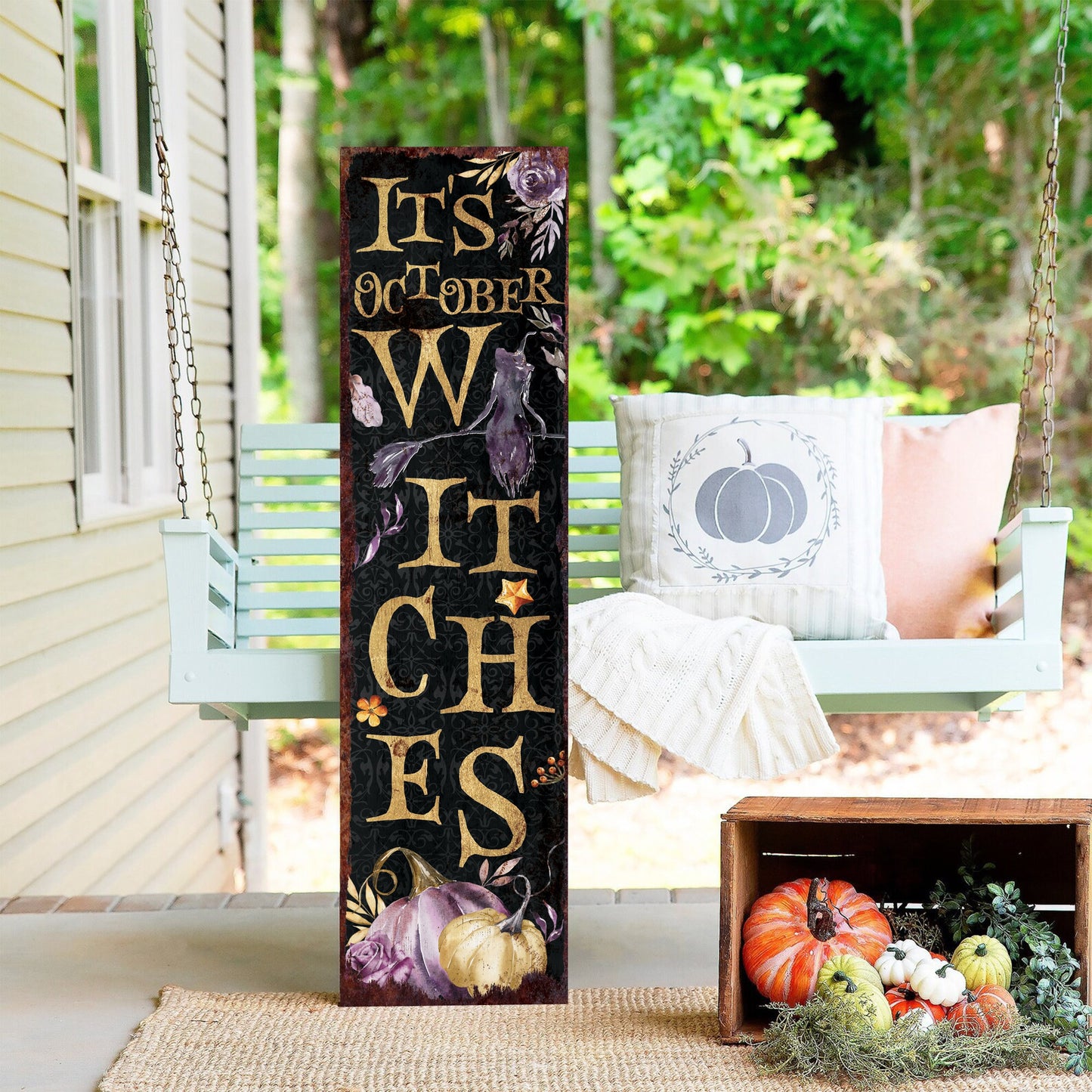 36in "It's October Witches" Halloween Porch Sign - Front Porch Halloween Welcome Sign, Rustic Modern Farmhouse Entryway Decor